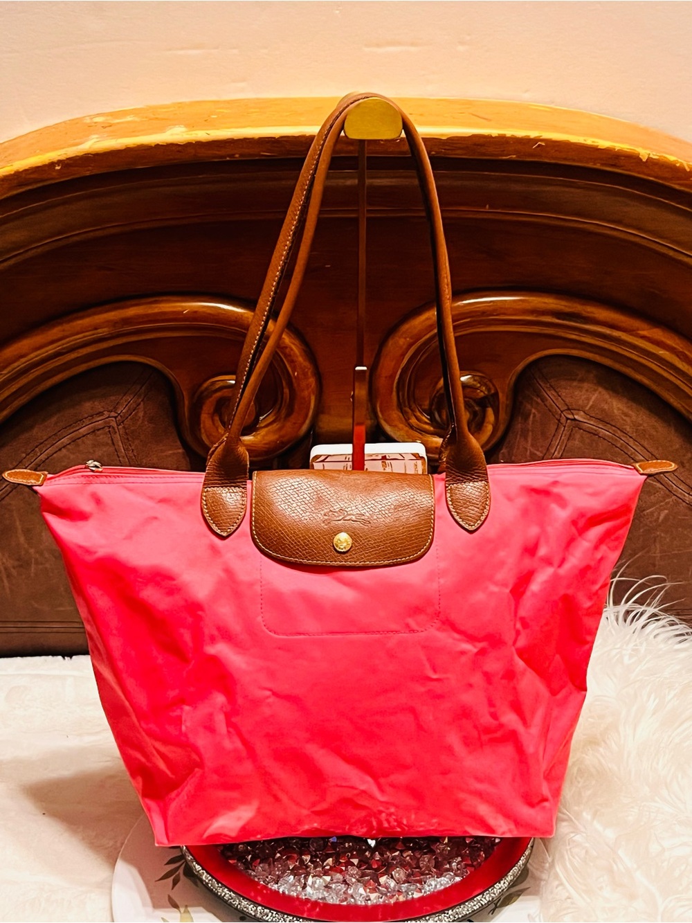 Longchamp Pink Nylon Tote with Brown Leather Trim - Picture 3 of 17